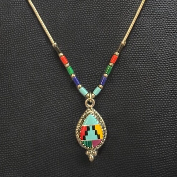 Southwestern Petite Zuni Style Inlay Sterling Silver Turquoise Pendant Necklace - Picture 1 of 7